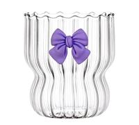 Gyrategirl 10Oz Ripple Drinking Glasses with Bow-Knot Glass Chubby Cup Tumbler Striped Aesthetic Glass Cup Vintage Wavy Glassware for Coffee Cocktail Juice Water Soda Tea