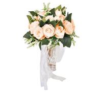 Gyrategirl Bridesmaids Bouquets Wedding Bouquets for Bride Holding Bouquet with Pearl Silk Wedding Props Flower White Champagne Artificial Roses Flowers with Silk Ribbon for Wedding Party Church Decor