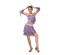 Gyrategirl Four Piece Womens Tassel Latin Jazz Dance Dress Halter Neck Crop Top Sparkle Fringed Flapper Skirt for Ladies Ballroom Cha-cha Salsa Samba Rumba Tango Outfits Set 8 Colors
