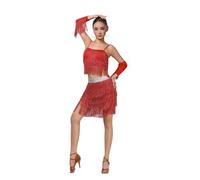 Gyrategirl Four Piece Womens Tassel Latin Jazz Dance Dress Halter Neck Crop Top Sparkle Fringed Flapper Skirt for Ladies Ballroom Cha-cha Salsa Samba Rumba Tango Outfits Set 8 Colors