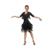 Gyrategirl Womens Tassel Latin Dance Dress Half Long Sleeve Ballroom Salsa Samba Rumba Tango Outfits for Ladies 5 Colors