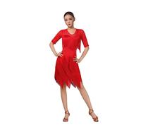 Gyrategirl Womens Tassel Latin Dance Dress Half Long Sleeve Ballroom Salsa Samba Rumba Tango Outfits for Ladies 5 Colors