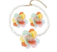 GYRMMUE Big Flower Necklace Earrings Set for Women,Vintage Camellia Pearl Choker Boho Colorful Statement Spring Summer Necklace Earrings Jewelry, L, Alloy Steel, No Gemstone