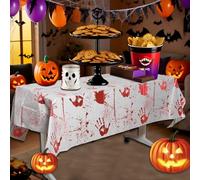 Gyrodymix Halloween Rectangle Tablecloth, 54"x72" Bloodstained Handprint Pattern Tablecloths, Oil-proof Waterproof, for Halloween Decorate, White Red