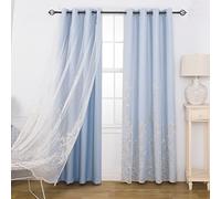 GYROHOME 2Panels Soild Curtains with Embroiered Sheer Voile, Mix and Match Curtains Room Darkening Grommet Top Double layered Drapes for Kids Girls Bedroom, 132x160cm,Sky Blue