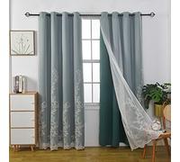 GYROHOME Mix and Match Curtains with Embroiered Sheer Voile, Double layer Room Darkening Drapes Grommet Top Thermal Insulated for Bedroom, 2Panels, 132x213cm, Dark Green