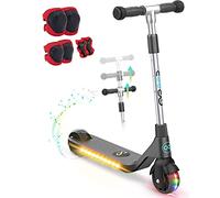 Gyroor Electric Scooter for Kids Ages 6-12 with 6 in 1 Protective Knee Pads Set, Led Light Wheel Deck, Boys Teens, Girls Speed Button, 3 Heights Handlebar, Black Silver (H30-Black)
