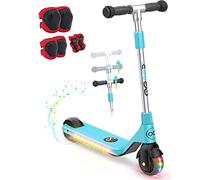 Gyroor Electric Scooter for Kids Ages 6-12 with 6 in 1 Protective Knee Pads Set, Led Light Wheel Deck, Boys Teens, Girls Speed Button, 3 Heights Handlebar, Blue Silver