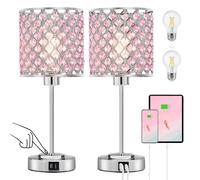 GyroVu Crystal Table Lamp, 3-Way Dimmable Touch Nightstand Lamp with USB-C+A Charging Ports, Pink Crystal, Metal Base, Energy Efficient LED Bulbs Included