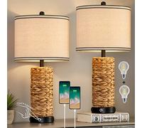 GyroVu Rattan Table Lamp Set of 2, Wicker Lamps, 3 Way Dimmable Touch Seagrass Table lamp with 2 USB Ports and 1 AC Outlet for Bedroom Nightstand Table, Livingroom End Table, Bulbs Include