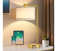 GyroVu Table Lamp for Bedroom - USB C+A Ports Large Bedside Lamp for Living Room - Stepless Dimmable Bedside Table Lamp with Linen Shade for Living Room Reading Office(Bulb Included)