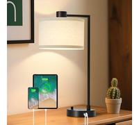 GyroVu Table Lamp for Bedroom - USB C+A Ports Large Bedside Lamp for Living Room - Stepless Dimmable Bedside Table Lamp with Linen Shade for Living Room Reading Office(Bulb Included)