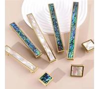 GYSLVTE Solid Natural Brass Cabinet Handles and Knobs, Luxurious Mother of Pearl Inlay Handles, Various Sizes 30-188 mm, Square and Bar Design (White, 96mm Hole Spacing)