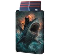 GYSYZJDH Wallet for Men, RFID Blocking Pop-Up Card Holder, Cat Riding Shark, 2.75 x 3.93 x 0.8 in, Cat Riding Shark Print | Bottom-push card access, secure magnetic closure, compact front-pocket design, PU Leather Credit Card Wallet, gift box.