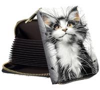 GYSYZJDH Womens Card Wallet with Zipper, RFID Blocking Small Credit Card Holder Case, PU Leather Accordion Card Wallet for Women, Compact Travel ID & Cash Organizer, Fluffy Cat Close-up, 4.3-3.1 inch