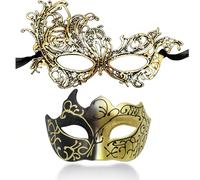 GYTFOG 2 PCS Masquerade Masks, Half Face Lace Masquerade Ball Masks | Black and Gold Masquerade Ball Masks for Couple Women Men, for Halloween Lace Masque Costume mask Party Prom Ball Mardi Gras