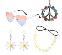 GYTFOG 4 Pcs Hippie Costume Accessories Set Include Sunglasses, Daisy Headband, Peace Sign Necklace and Earring, 60s 70s Dressing Accessory, Fancy Dress Accessories for Girl Lady Cosplay
