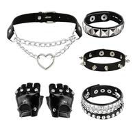 GYTFOG 5 Pcs Emo Accessories Set,Punk Clothes with Goth Choker Studded Bracelet Fingerless Leather Gloves for Women Men Fancy Dress, Goth Dress Up Collection For Men Women, Halloween Costume Party