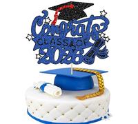 Gyufise 1 Pack 2026 Graduation Cake Topper Glitter Congrats Class of 2026 Cake Topper Decorations 2026 Diploma Grad Cap Cake Picks for 2026 Graduation Theme Party Decorations Supplies Blue