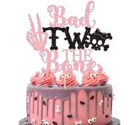 Gyufise 1 Pack Bad Two The Bone Cake Topper Glitter Skull 2nd Birthday Cake Decoration for Halloween Skull 2nd Birthday Party Decorations Supplies Pink
