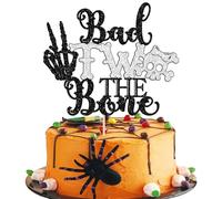 Gyufise 1 Pack Bad Two The Bone Cake Topper Glitter Skull 2nd Birthday Cake Decoration for Halloween Skull 2nd Birthday Party Decorations Supplies Black Silver