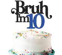 Gyufise 1 Pack Bruh I'm 10 Cake Topper Glitter Oh Yeah It's My 10 Birthday Cake Pick Dude Bro I'm 10 Fabulous Cake Decorations for Cheers to 10 Years Happy 10th Birthday Party Supplies Blue