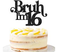 Gyufise 1 Pack Bruh I'm 16 Cake Topper Glitter Oh Yeah It's My 16 Birthday Cake Pick Dude Bro I'm 16 Fabulous Cake Decorations for Cheers to 16 Years Happy 16th Birthday Party Supplies Black