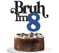 Gyufise 1 Pack Bruh I'm 8 Cake Topper Glitter Happy 8th Birthday Cake Pick Bro I'm 8 Cake Decoration It's My 8th Birthday Decorations for Cheers to 8 Years Old Anniversary Party Supplies Blue
