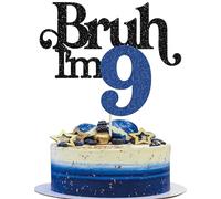 Gyufise 1 Pack Bruh I'm 9 Cake Topper Glitter Happy 9th Birthday Cake Pick Bro I'm 9 Cake Decoration It's My 9th Birthday Decorations for Cheers to 9 Years Old Anniversary Party Supplies Blue