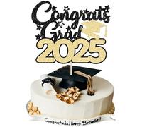 Gyufise 1 Pack Congrats Grad 2025 Cake Topper Gold 2025 Graduation Cake Decoration Glitter Grad Cap Cake Topper for Senior High School University College Graduation Party Supplies