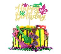 Gyufise 1 Pack Glitter Masquerade Mask Cake Topper Glitter Mardi Gras Birthday Cake Topper Happy Birthday Cake Topper for New Orleans Carnival Themed Birthday Party Decor Decorations