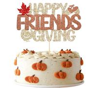 Gyufise 1 Pack Happy Friendsgiving Cake Topper Glitter Maple Leaves Happy Thanksgiving Cake Pick Autumn Fall Thankful Grateful Blessed Cake Decoration for Thanksgiving Day Theme Party Supplies Orange