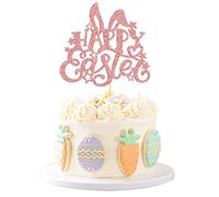 Gyufise 1 Pack Rose Gold Glitter Happy Easter Cake Topper Easter Bunny Ear Cake Decoration for Happy Easter Spring Theme Baby Shower Birthday Party Decorations