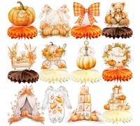 Gyufise 12 Pack Little Pumpkin Baby Shower Decorations Honeycomb Centerpiece Fall Party Table Decor for Kids Table Toppers Honeycomb 3D Table Decoration for Baby Shower Birthday Party Supplies Orange