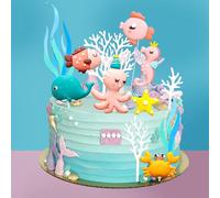 Gyufise 12 Pack Under The Sea Cake Decoration Ocean Animal Devil Fish Crab Dolphin Octopus Seahorse Cake Toppers for Ocean Mermaid Theme Party Supplies Blue