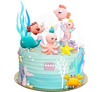 Gyufise 12 Pack Under The Sea Cake Decoration Ocean Animal Devil Fish Crab Dolphin Octopus Seahorse Cake Toppers for Ocean Mermaid Theme Party Supplies Blue