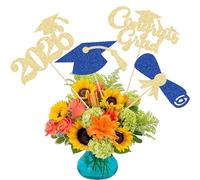 Gyufise 12Pcs 2026 Graduation Centerpiece Sticks Class of 2026 Congrats Grad Diploma Graduation Cap Table Flower Centerpiece Sticks for 2026 Theme Party Supplies Blue Gold