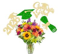 Gyufise 12Pcs 2026 Graduation Centerpiece Sticks Class of 2026 Congrats Grad Diploma Graduation Cap Table Flower Centerpiece Sticks for 2026 Theme Party Supplies Green Gold