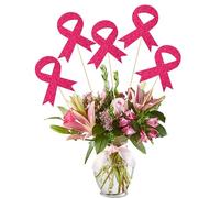 Gyufise 12Pcs Breast Cancer Awareness Party Decorations Glitter Pink Ribbon Flower Centerpiece Sticks Fight Believe Hope Table Toppers for Love Women Health Party Supplies Rose Red