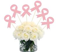 Gyufise 12Pcs Breast Cancer Awareness Party Decorations Glitter Pink Ribbon Flower Centerpiece Sticks Fight Believe Hope Table Toppers for Love Women Health Party Supplies Pink 1