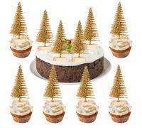 Gyufise 12Pcs Mini Christmas Tree Cupcake Toppers 3D Mini Christmas Tree Cake Topper Decorations for Xms Birthday Winter Holiday Party Decoration Supplies Gold