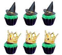 Gyufise 12Pcs Witch Hat and Crown Cake Topper Bad Witch Birthday Party Decorations Mini Wizard Hats Cupcake Toppers Decor Princess Cake Accessories for Birthday Party Supplies Black Gold