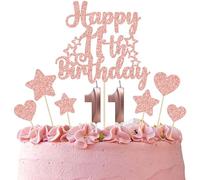 Gyufise 15Pcs Happy 11th Birthday Cake Topper Set Heart Star Glitter Cheers to 11 Years Cake Picks Number 11 Candles Cake Decorations for Happy 11th Birthday Anniversary Party Supplies Rose Gold