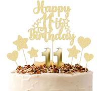 Gyufise 15Pcs Happy 11th Birthday Cake Topper Set Heart Star Glitter Cheers to 11 Years Cake Picks Number 11 Candles Cake Decorations for Happy 11th Birthday Anniversary Party Supplies Gold