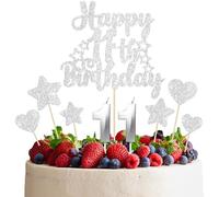 Gyufise 15Pcs Happy 11th Birthday Cake Topper Set Heart Star Glitter Cheers to 11 Years Cake Picks Number 11 Candles Cake Decorations for Happy 11th Birthday Anniversary Party Supplies Silver