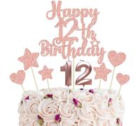 Gyufise 15Pcs Happy 12th Birthday Cake Topper Set Heart Star Glitter Cheers to 12 Years Cake Picks Number 12 Candles Cake Decorations for Happy 12th Birthday Anniversary Party Supplies Rose Gold
