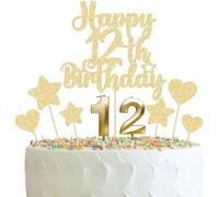 Gyufise 15Pcs Happy 12th Birthday Cake Topper Set Heart Star Glitter Cheers to 12 Years Cake Picks Number 12 Candles Cake Decorations for Happy 12th Birthday Anniversary Party Supplies Gold