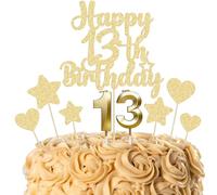 Gyufise 15Pcs Happy 13th Birthday Cake Topper Set with Heart Star Glitter Cheers to 13 Years Cake Picks Number 13 Candles Cake Decorations for Happy 13th Birthday Anniversary Party Supplies Gold