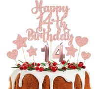 Gyufise 15Pcs Happy 14th Birthday Cake Topper Set with Heart Star Glitter Cheers to 14 Years Cake Picks Number 14 Candles Cake Decorations for Happy 14th Birthday Anniversary Party Supplies Rose Gold