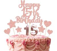 Gyufise 15Pcs Happy 15th Birthday Cake Topper Set with Heart Star Glitter Cheers to 15 Years Cake Picks Number 15 Candles Cake Decorations for Happy 15th Birthday Anniversary Party Supplies Rose Gold